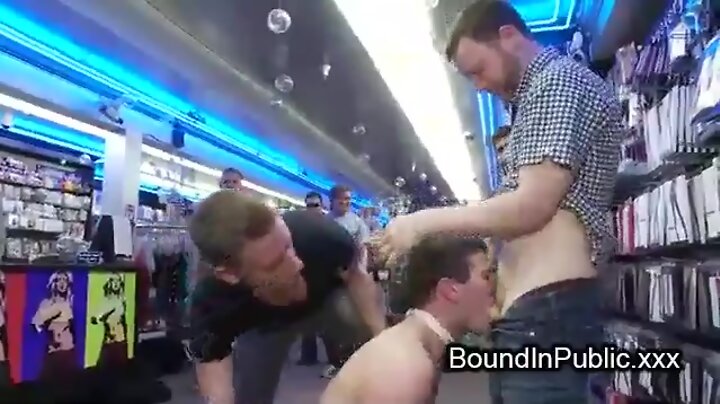 Bound gay sprayed with sperm in public
